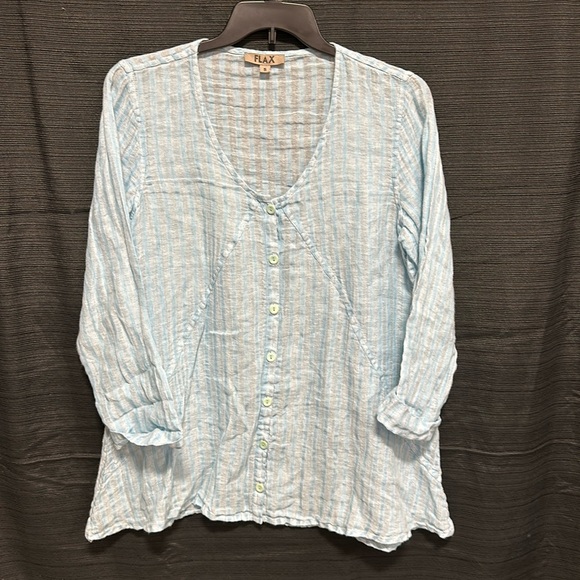 Flax Womens S Sheer Stripe Blouse Lagenlook Tunic L. blue Linen Long ButtonFront - Picture 1 of 8